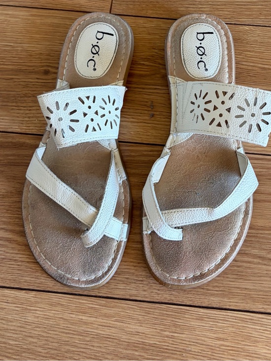 b.o.c. Shoes - b.o.c. Cream Laser-Cut Strap Toe-Loop Slide Sandals